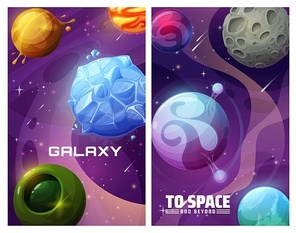Galaxy fantasy worlds, alien planets systems in space background. Ice, gas and water surface planets with satellites, moon with craters, asteroids and comets flying in outer space cartoon vector