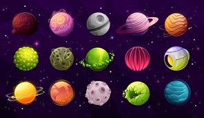Alien planets, galaxy fantasy worlds cartoon icons. Artificial planet, satellite with hot and rocky surface, extraterrestrial organism, star and fantastic spaceship vector. Game design elements