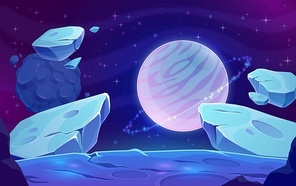 Planets and asteroids in outer space, galaxy fantasy world background. Ice or water planet with ring, satellite or comet landscape with craters on rocky surface, glowing in cosmos stars cartoon vector