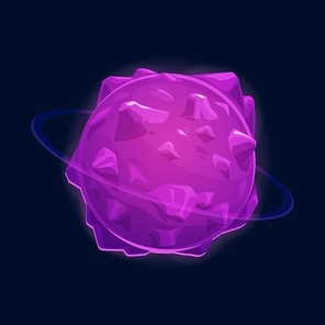 Asteroid or meteor, fantasy planet alien world isolated cartoon icon. Vector purple fantastic mystery rock in universe, cosmic rotating body. Imaginary outer space planet ui or gui game design element