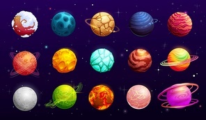 Fantasy space planets of cartoon alien galaxy, vector ui or gui for space games. Fantastic universe dark cosmos, another world planets and stars with asteroids, halo, meteors and clouds on orbits