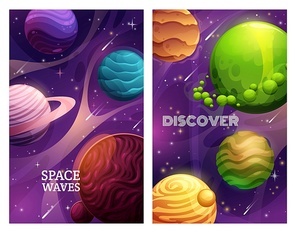Space planet vector banners of universe galaxy and space exploration. Alien planets, stars and asteroids, meteorites, satellites and comets, astronomy science, interstellar travel and cosmos discovery