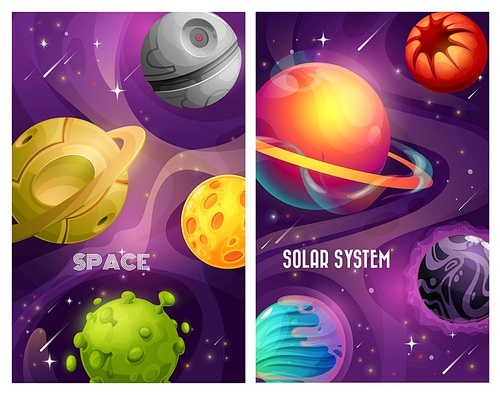 Space planets of alien solar system cartoon vector design. Galaxy universe travel and astronomy banners with fantasy colorful planets, stars and comets, asteroids and satellites, craters and orbits