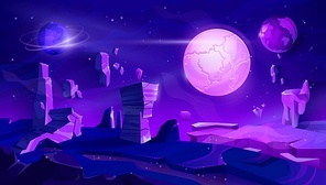 Alien planet neon landscape, space night vector background with flying rocks, planets in starry sky. Extraterrestrial fantasy land with glow sparkles, cracked land surface and cartoon cosmic mountains