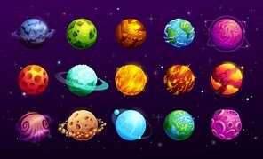 Cartoon space planets of vector fantasy alien galaxy universe, space game ui or gui. Planets and stars on dark sky with asteroid rings or belts, orbit halo and meteors, magma, craters, rock surfaces