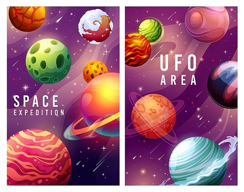 Space expedition and ufo area, galaxy planets and stars landscape vector posters. Universe exploration, cosmic adventure in space with alien planets, fantastic interstellar travel cartoon cards design