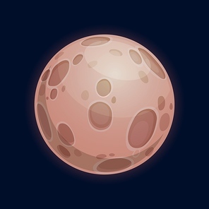 Fantasy planet, satellites in space, far alien world isolated flat cartoon icon. Vector galaxy exoplanet or deep space planet with desert surface covered by craters, moon or asteroid, habitable place