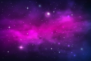 Space planets and stars, galaxy nebula and stardust vector cosmic background. Blue purple realistic shining nebulosity cloud in starry universe. Bright cosmos infinite, night sky backdrop wallpaper