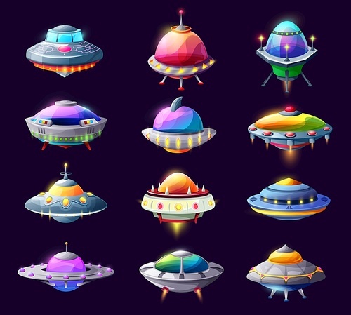 Cartoon ufo alien spaceships and space crafts, vector saucers, galaxy rockets, fantasy bizarre shuttles. Computer game graphic design elements, cosmic funny space ships with glow lights isolated set