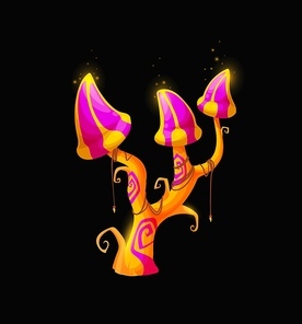 Fantasy fairy magic cartoon mushrooms, vector unusual fungi of pink and yellow colors with curly outgrowth on stipe and bright glowing caps. Fairytale element for ui game interface, alien plant