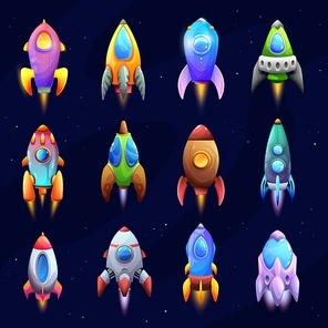 Cartoon spacecraft, rockets and spaceships. Vector space ships, fantasy vehicles with jet engine, portholes and wings for travel in outer space. Futuristic shuttles game asset