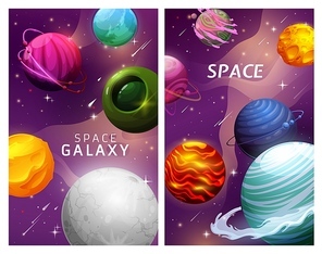 Cartoon space planets and stars landscape galaxy with asteroids, vector fantasy posters. Galaxy and space planets in universe, meteorites and comets collide in interstellar sky