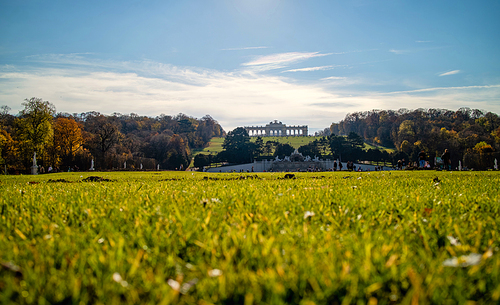 Beautiful green field before Schonbrunn Palace in Vienna, Austria with blurred grass of forefront on a blue sky background on a sunny autumn day.