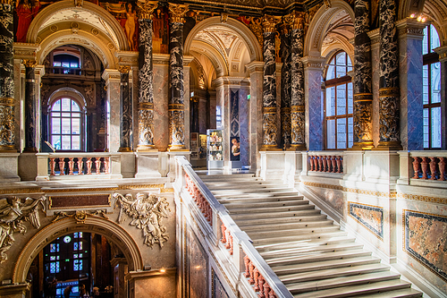 VIENNA, AUSTRIA - November 11, 2015: Amazing rich decoration from colored marble and gilding of ancient building interior of Baroque palace complex Schloss Belvedere in Vienna, Austria.