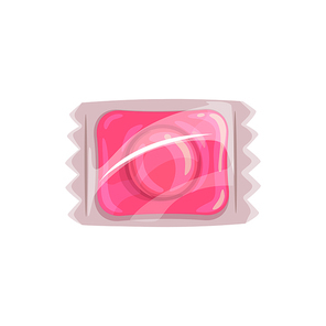 Pink caramel candy in transparent wrapper isolated confectionery food. Vector sweets snack