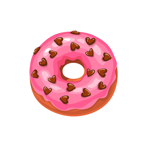 Doughnut with strawberry cream and chocolate hearts isolated cake. Vector donut with sugar glaze