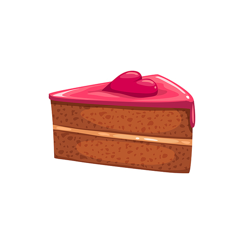 Piece of cake topped by heart isolated bakery. Vector baked food, chocolate dessert