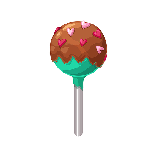 Caramel candy on stick topped by chocolate with hearts isolated. Vector lollipop confectionery snack