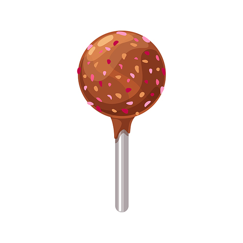 Chocolate candy on stick isolated confectionery food. Vector sweet lollipop with colored sugar sprinkles