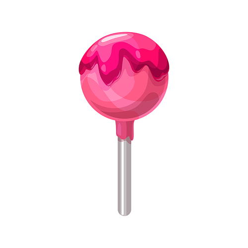 Strawberry caramel candy with pink jam topping isolated. Vector lollipop sucker on stick