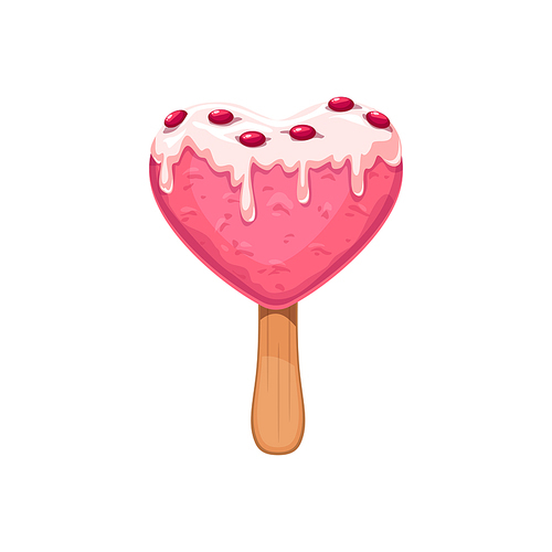 Heart-shaped strawberry ice cream on stick isolated dessert. Vector icecream with sugar topping and candies