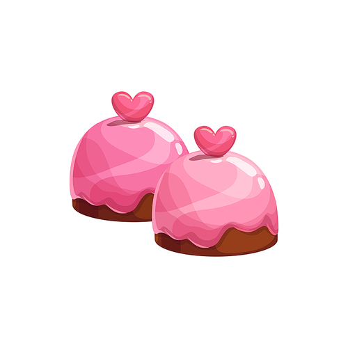 Chocolate candy with pink topping and heart isolated. Vector pralines topped by love symbol