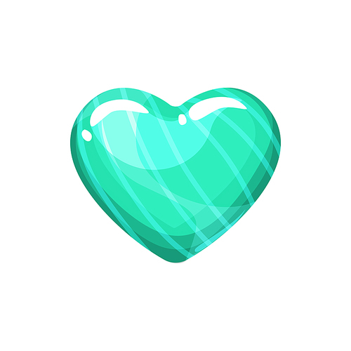 Striped green glossy candy isolated chocolate heart shape confectionery. Vector hard mint praline