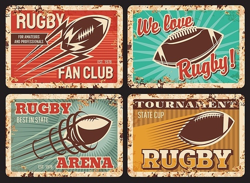 Rugby rusty metal plates, vector vintage cards with ball in motion and trail. American football sports equipment, city fun club rust tin signs. College, university rugby competition retro posters set