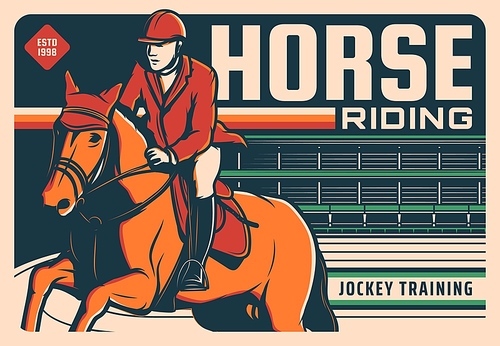 Horse races poster retro, equestrian rides and jockey training center, vector. Horse racing polo club and equine riding, polo jockey riding horse trotter on steeplechase hippodrome