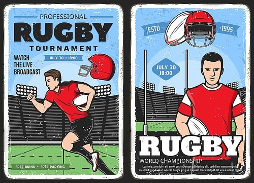 Rugby tournament, American football sport posters, vector vintage. Rugby football league, varsity and college team championship, live broadcast, rugby player captain of half-back with ball