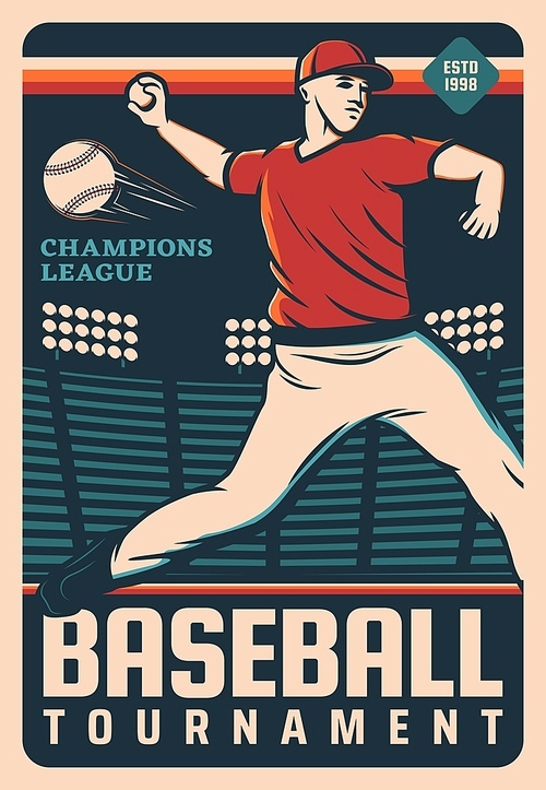 Pitcher baseball player with ball at sport stadium field. Vector retro poster of baseball match. Pitcher in team uniform pitching ball at play field of sporting arena with stand, seats and lights