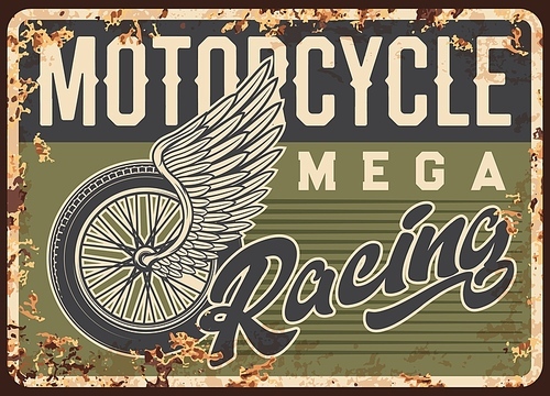 Classic motorcycles racing cup rusty metal plate. Motorsport competition, motorbikes race championship tin sign. Grunge vector plate with vintage bike wire-spoked wheel, angel wing and typography