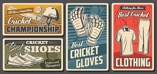 Cricket equipment and uniform. Vector cricket sports game ball, bat and player uniform clothing helmet, shoes, tshirt and pants with gloves. Sport club and championship match retro banners set
