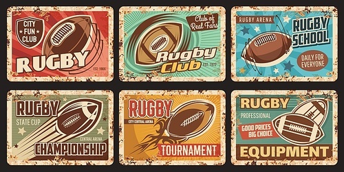 rugby sport rusty metal plate, city tournament or championship, sport club tin plates. flying and spinning rugby ball, retro typography and rust texture . sport equipment shop, arena retro banner