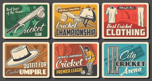 Cricket vintage posters with vector cricket sport game balls, bats, wickets and team player on playfield. Batsman in uniform, gloves, helmets and leg pads, championship trophy cups, sun hat and caps