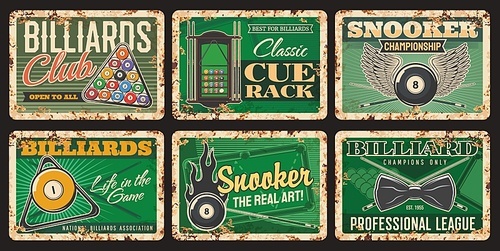 Billiards club rusty metal plates, vector vintage rust tin signs. Billiard balls on green table with cue, rack, neck tie or wings. Sport hobby, snooker game league, retro poster, ferruginous cards set