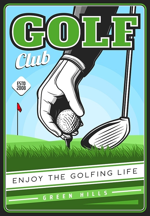 Golf club poster, golfing sport vector retro card with hand in glove put ball on field and stick. Sport game tournament vintage design for golf championship on professional course. Sports competition