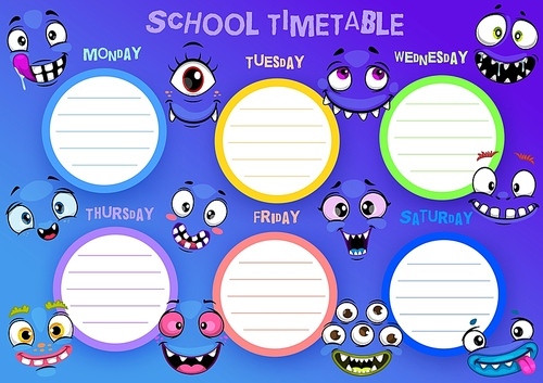 School timetable template, weekly classes vector schedule with funny smiling monster faces. Cartoon halloween spooky characters. School time table kids schedule design, educational lessons planner