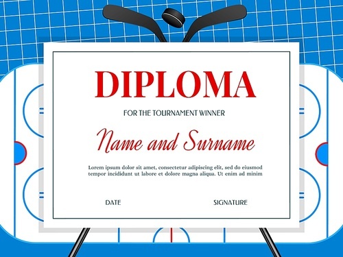 Ice hokey tournament winner diploma template with stick, rubber puck and ice rink vector. Hockey championship game, sport competition team victory or best player achievement diploma