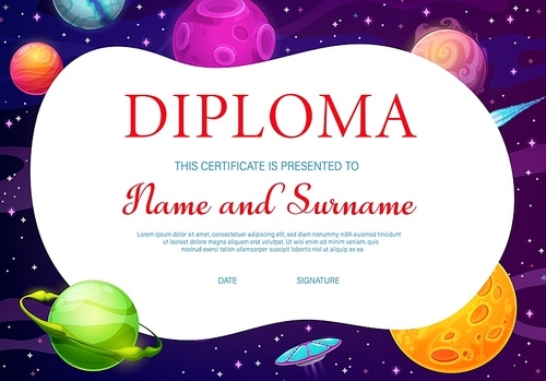Diploma for kids with cartoon space planets, vector education certificate award. Kindergarten or kid school diploma certificate template with cartoon planets in space, classes achievement award