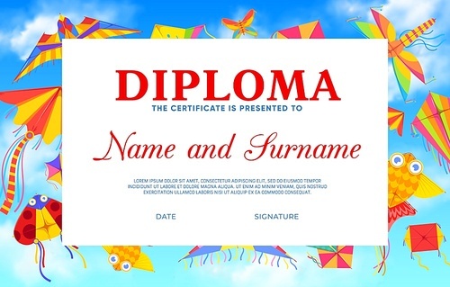 kids diploma with cartoon kites vector template. education achievement certificate, graduation diploma or student appreciation award with  background of kites and paper toys in blue sky