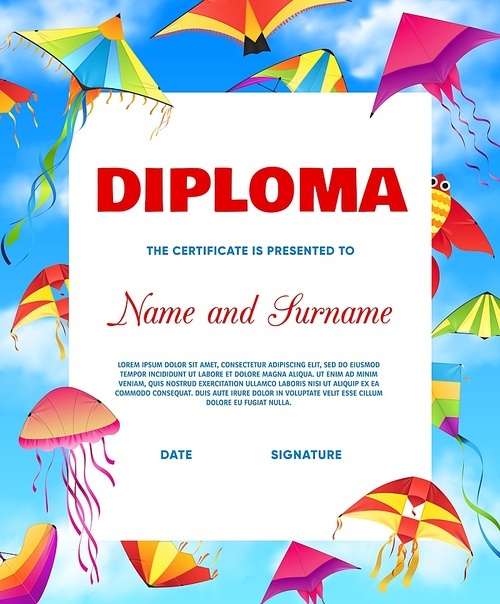 kids diploma with vector kites flying in cloudy sky  background. student certificate of education achievement, school graduation diploma, preschool pupil honor gift or appreciation award template