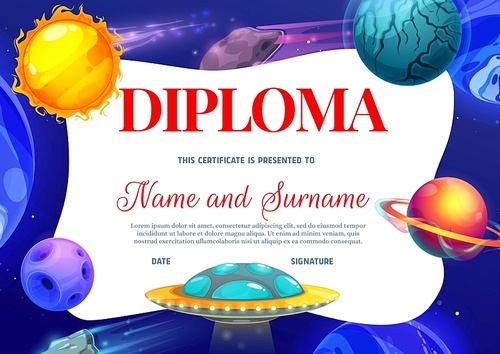 kids diploma with space planets and ufo. education school or kindergarten vector certificate with futuristic galaxy cosmic world. kid design with alien saucer, achievement cartoon award  template