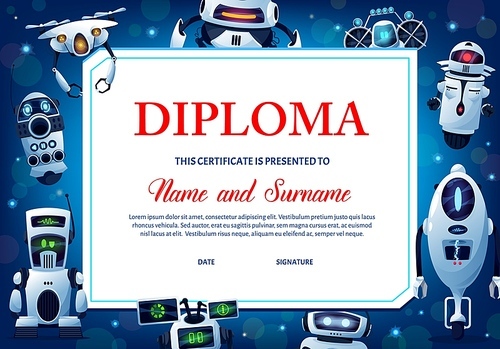 kids education diploma with robots, vector certificate for school or kindergarten with cartoon humanoid cyborgs, androids or drones artificial intelligence characters, award graduation  template