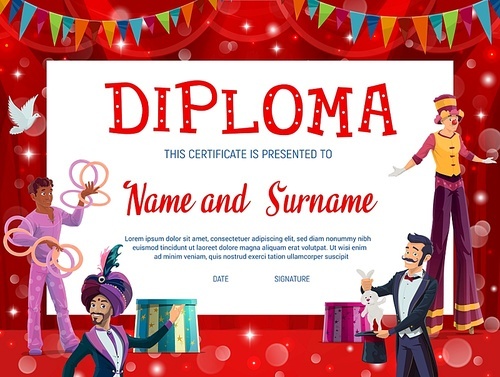 shapito circus kids education diploma with carnival performers vector background . school graduation diploma, achievement or appreciation certificate, competition award with clowns and acrobats