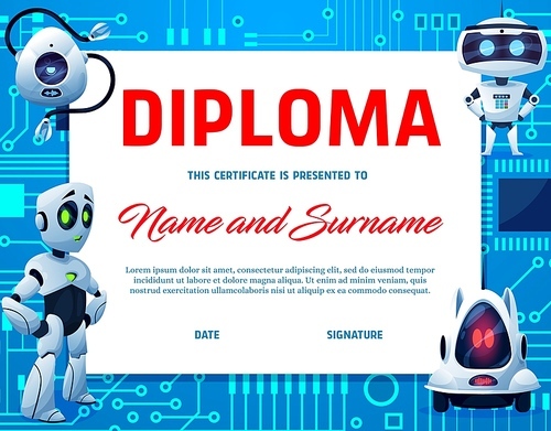 kids diploma, cartoon robots and droids. education vector certificate for school or kindergarten with humanoid cyborgs, androids or artificial intelligence characters. award graduation  template