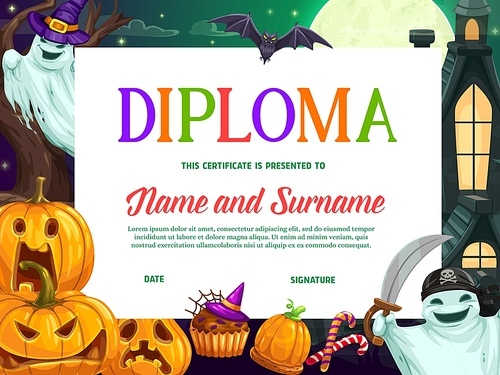 halloween kids education diploma or certificate vector template with background  of horror pumpkins and ghosts. achievement certificate, school graduation diploma or appreciation award design
