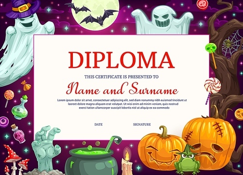 kids diploma certificate with halloween monsters, education vector template. school graduation diploma, appreciation award, achievement certificate with background  of pumpkins, ghosts and bats
