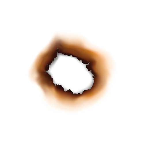 Paper sheet damaged by fire isolated burnt hole. Burnt hole in sheet of paper isolated damaged by fire surface. Vector torn page with brown ash