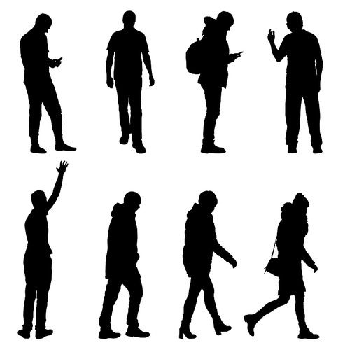 Silhouette Group of People Standing on White Background.